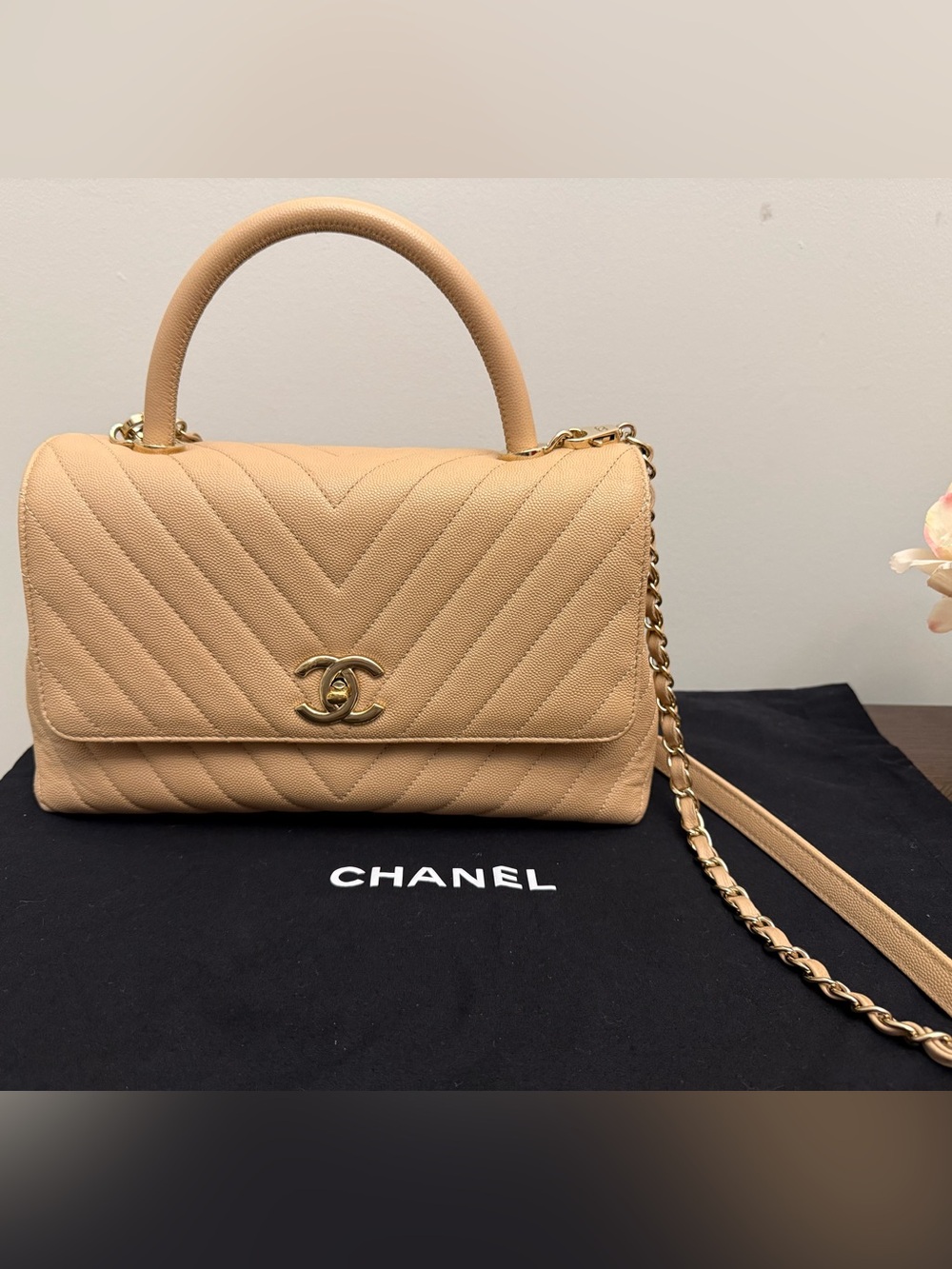 CHANEL Chevron Quilted Top Handle Flap Bag in Beige Camel Medium